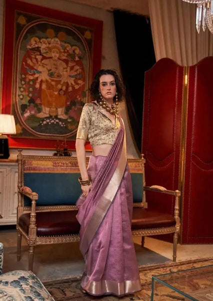 Fabulous Chiffon Hand Weaved Mauve Classic Saree - women's fashion mart
