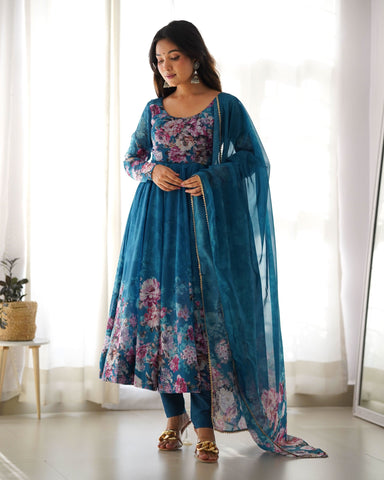 Rama Colored Organza Printed Anarkali Suit With Dupatta -Anarkali Suit S women's fashion mart