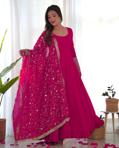Rani Pink Color Georgette Gown With Dupatta Set -Salwar Kameez S women's fashion mart