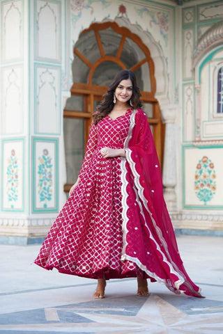 Rani pink Georgette Embroidered gown with dupatta -Gowns M / Rani Pink women's fashion mart