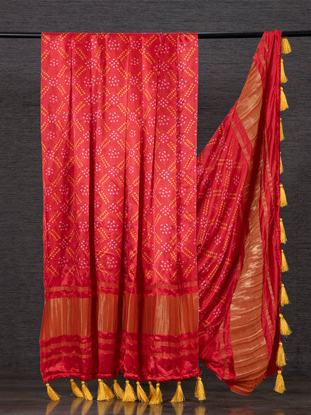 Red Color Pure Gaji Silk Bandhani Printed Dupatta With Tassels - women's fashion mart