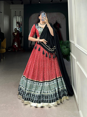 Red Color Bandhej And Ajarakh Print With Gota Lace Border Rayon Chaniya Choli - women's fashion mart
