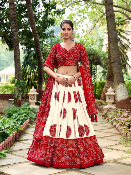Red Color Bandhej Printed Tussar Silk Traditional Wear Lehenga Choli -gujrati collection Unstitched / Semi-Stitched / Semi-Stitched women's fashion mart