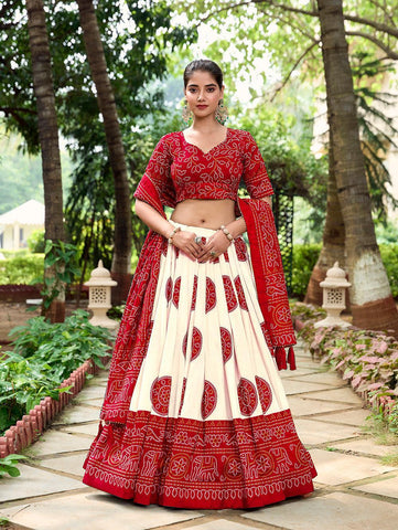 Red Color Bandhej Printed Tussar Silk Traditional Wear Lehenga Choli -gujrati collection Unstitched / Semi-Stitched / Semi-Stitched women's fashion mart