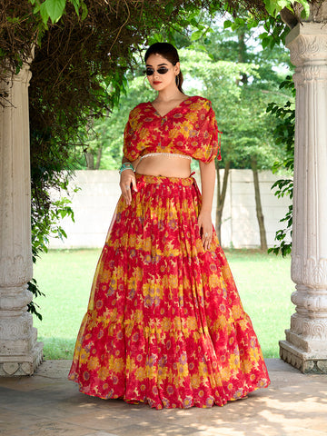 Red Color Floral Print Chiffon Co-ord Set Chaniya Choli - women's fashion mart