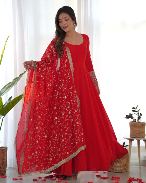 Red Faux Georgette Anarkali Pant Suit With Sequins Embroidered Dupatta -Salwar Kameez S women's fashion mart