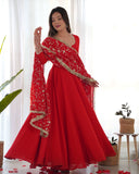 Red Faux Georgette Anarkali Pant Suit With Sequins Embroidered Dupatta -Salwar Kameez S women's fashion mart