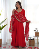 Red Faux Georgette Anarkali Pant Suit With Sequins Embroidered Dupatta -Salwar Kameez S women's fashion mart