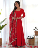 Red Faux Georgette Anarkali Pant Suit With Sequins Embroidered Dupatta -Salwar Kameez S women's fashion mart