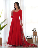 Red Faux Georgette Anarkali Pant Suit With Sequins Embroidered Dupatta -Salwar Kameez S women's fashion mart