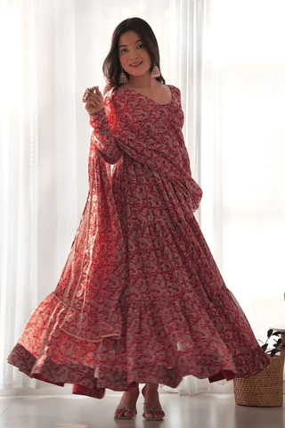 Red color georgette ready-to-wear Ruffle gown with dupatta -Gowns S women's fashion mart