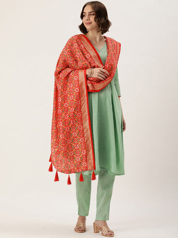 Red Color Patola Print With Foil Work Also Comes With Tassels Tussar Silk Dupatta - women's fashion mart
