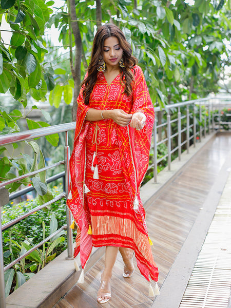 Red Color Digital Bandhej Printed Pure Gaji Silk Kaftan - women's fashion mart