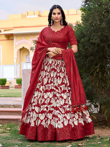 Red Color Floral Print With Foil Work Tussar Silk Lehenga Choli - women's fashion mart
