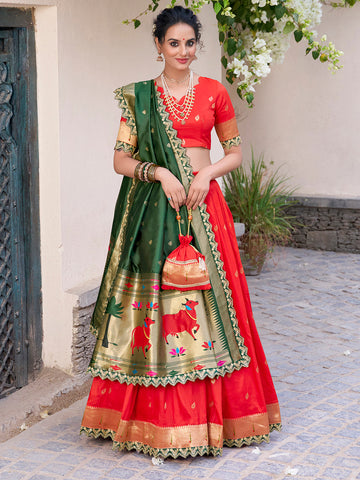Red Color Zari Weaving Work Jacquard Silk (Paithani) Lehenga Choli