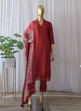 Red Cotton Silk Pant Style Suit with Printed Dupatta -Salwar Kameez Semi Stitched women's fashion mart