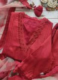 Red Cotton Silk Pant Style Suit with Printed Dupatta -Salwar Kameez Semi Stitched women's fashion mart