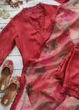 Red Cotton Silk Pant Style Suit with Printed Dupatta -Salwar Kameez Semi Stitched women's fashion mart