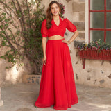 Red Georgette backless with Puffed Sleeves crop top lehenga choli - women's fashion mart