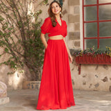 Red Georgette backless with Puffed Sleeves crop top lehenga choli - women's fashion mart
