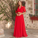 Red Georgette backless with Puffed Sleeves crop top lehenga choli - women's fashion mart