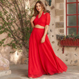 Red Georgette backless with Puffed Sleeves crop top lehenga choli - women's fashion mart