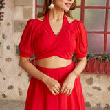 Red Georgette backless with Puffed Sleeves crop top lehenga choli - women's fashion mart