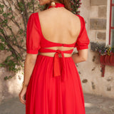 Red Georgette backless with Puffed Sleeves crop top lehenga choli - women's fashion mart