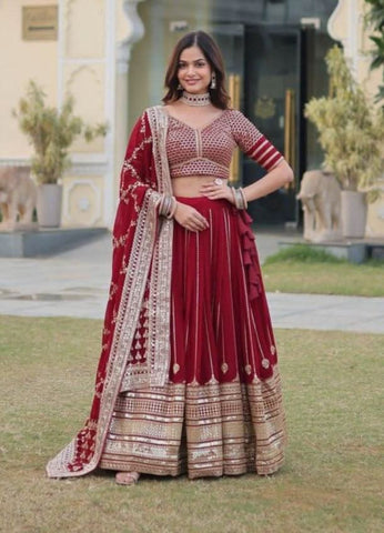 Red Georgette Sequins and Embroidered lehenga choli -Lehenga Choli S women's fashion mart