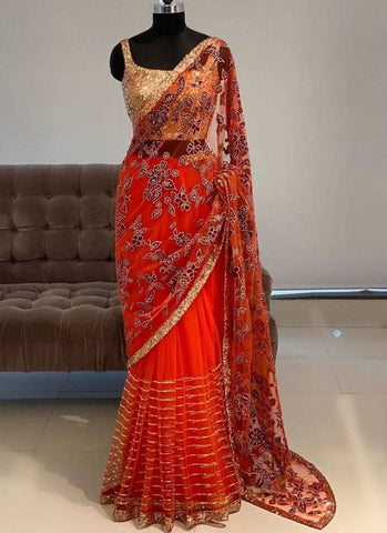 Red Sequins Resham Soft Net Embroidered Saree -Saree XS women's fashion mart