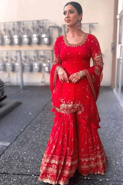 Georgette Embroidery Work Red Sharara Suit For Karwa Chauth -Dress Red / M women's fashion mart