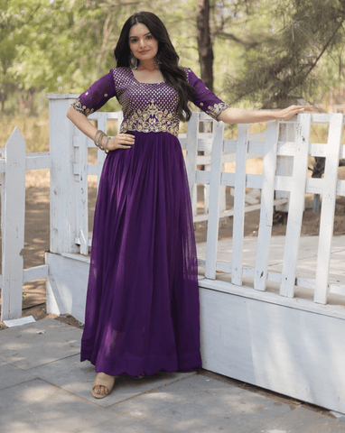 Royal Purple Embellished Gown with Elegant half Sleeves - women's fashion mart