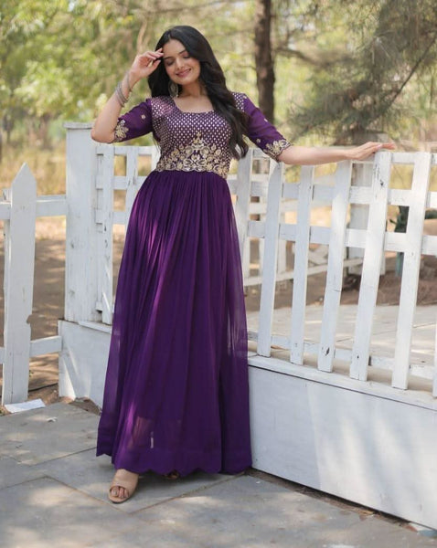Royal Purple Embellished Gown with Elegant half Sleeves - women's fashion mart