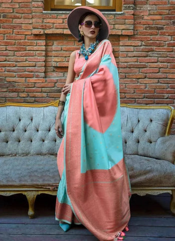 Classic Dusty Rose-Turquoise Handloom Silk Trendy Saree -Saree Unstitched women's fashion mart
