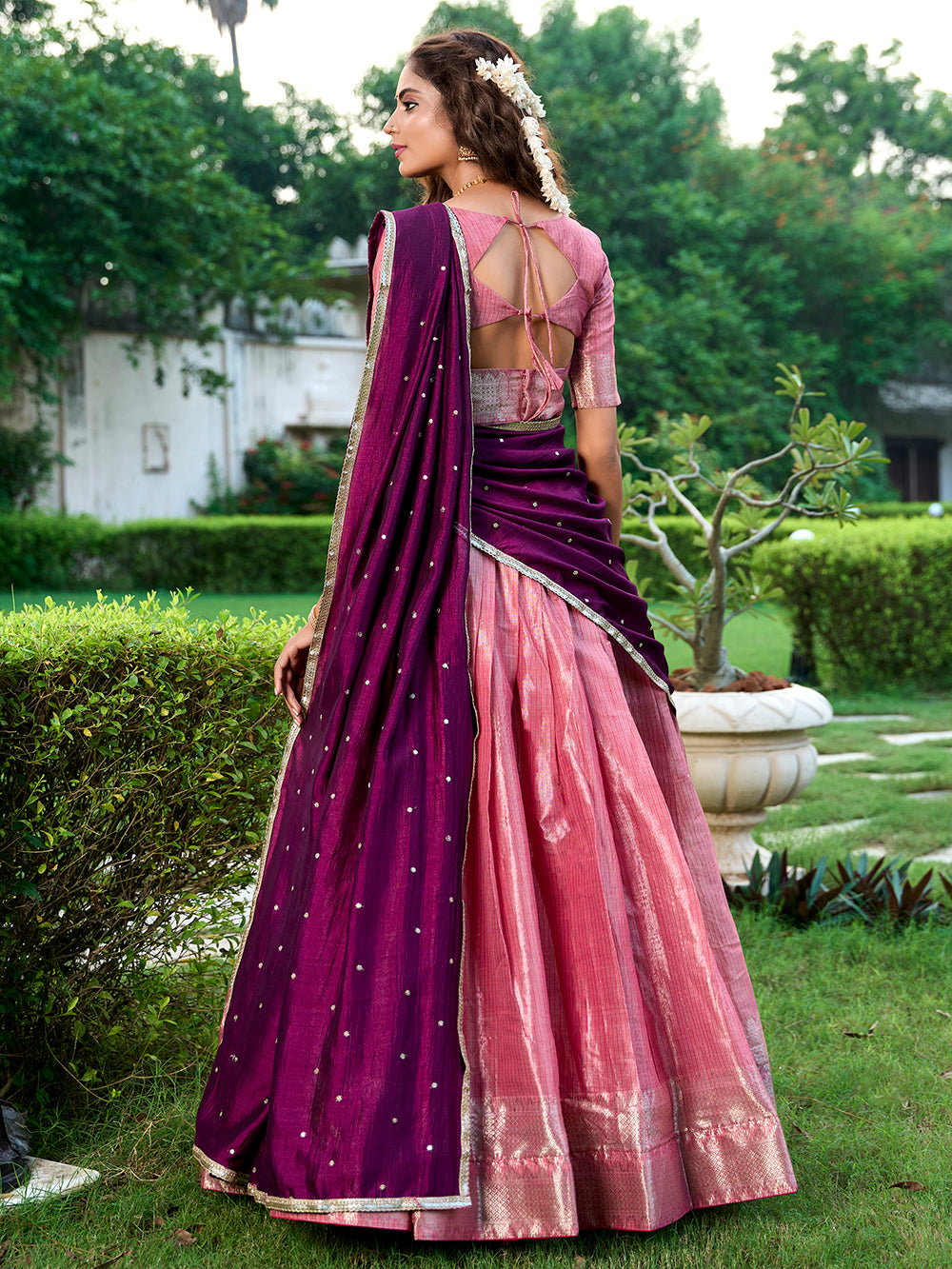 Salmon Color Zari Weaving Work Kanchipuram Wedding Lehenga Choli - women's fashion mart