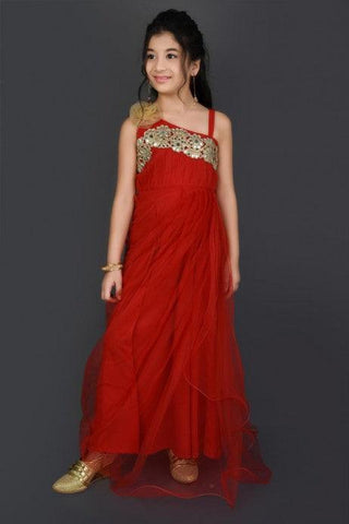 Party Style Designer Fancy Fabric Red Ethnic Gown For Girls.