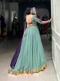 See Green Color Embossed Design With Gotta Patti Lace Touch Up Rayon Chaniya Choli
