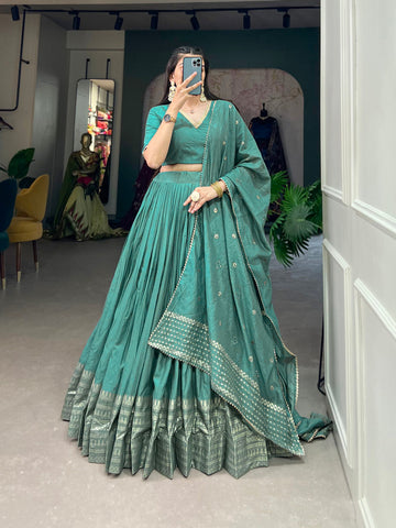 See Green Color Plain With Zari Weaving Work Border Chanderi Wedding Lehenga Choli - women's fashion mart