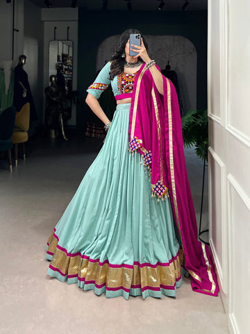 See Green Color Embossed Design Lace Touch Up Rayon Chaniya Choli