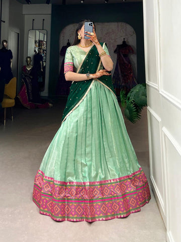 Green Ikkat Kanjivaram Jacquard Silk Lehenga Choli with Elegant Weaving Design  women's fashion mart