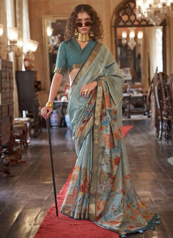 Elegant Aqua Blue Contemporary  Printed Viscos Soft Silk Saree - women's fashion mart