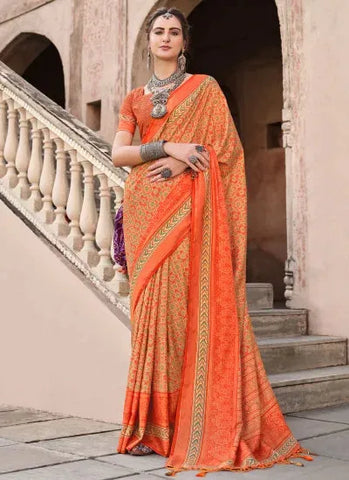 Fabulous Orange Ajrakh Printed Sigma Silk Traditional Saree - women's fashion mart