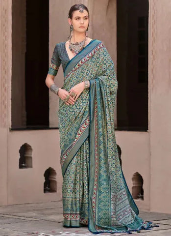 Enchanting Beetle Green Ajrakh Printed Sigma Silk Traditional Saree - women's fashion mart