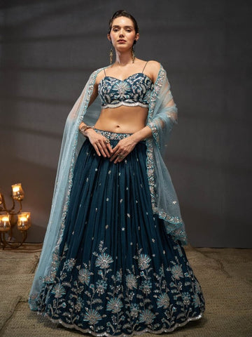 Silver - Golden Sequin,Thread & Coding Embroiderey Pure Chiffon Semi - Stitched Lehenga Choli - women's fashion mart