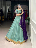 See Green Color Embossed Design With Gotta Patti Lace Touch Up Rayon Chaniya Choli