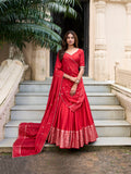 Red Color Plain With Zari Weaving Work Chanderi Lehenga Choli - women's fashion mart