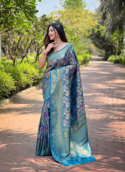 Wedding Wear Sky Blue Beautiful Border Design Saree