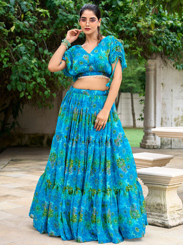 Sky Blue Color Floral Print Chiffon Co-ord Set Chaniya Choli - women's fashion mart
