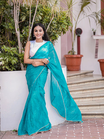 Sky Blue Color Printed & Pearl Lace Border Chiffon Silk Saree
