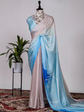 Sky Blue Color Digital Printed Japan Satin Silk Saree.
